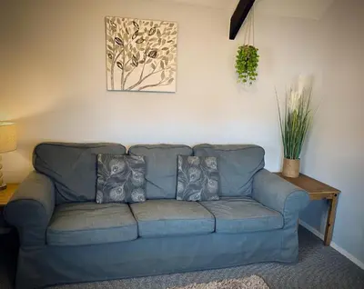 a blue couch with pillows in a living room at Hawthorn in Bude