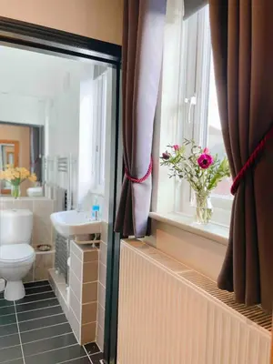 a bathroom with a toilet and a sink and a window at Old Bookshop - Unique house in central St Ives with outdoor space in St Ives