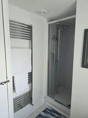 a bathroom with a shower and a glass door at Cosy Cottage Close to the Beach with Hot Tub in Carnbrea Station