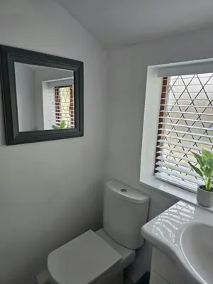 a bathroom with a toilet and a sink and a mirror at Cosy Cottage Close to the Beach with Hot Tub in Carnbrea Station