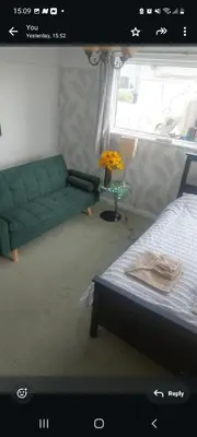 a living room with a green couch and a bed at Minnadhu in Porthleven