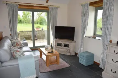a living room with a couch and a tv and a fireplace at Beech cottage is a beautiful 1 bed cottage in Saint Ewe