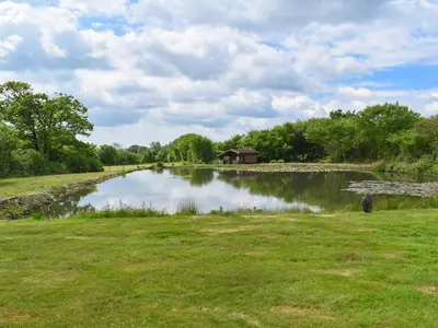 a pond with a house in the middle of a field at Dairy Cottage - Uk49834 in Lanivet