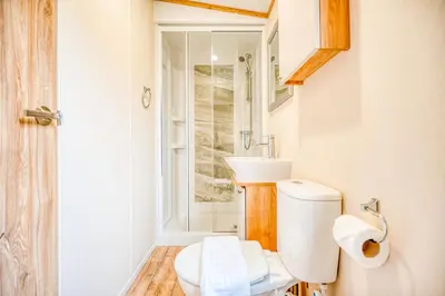 a bathroom with a toilet and a sink at Rural Retreat Chy Kensa a Hot Tub Haven in Grampound