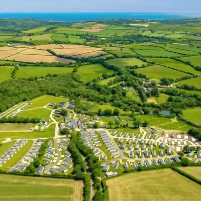 an aerial view of a park with houses at Rural Retreat Chy Kensa a Hot Tub Haven in Grampound