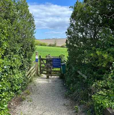 a gate in a hedge with a field behind it at Riverwood Lodge, Padstow in Padstow