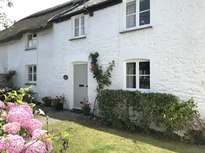 a white house with flowers in front of it at Trevean in Bude