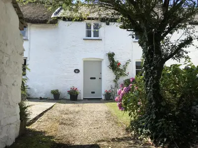 a white house with a white door and flowers at Trevean in Bude