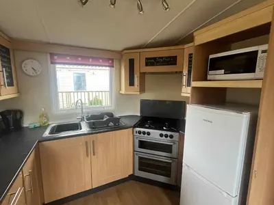 a kitchen with a stove and a sink and a refrigerator at Pet Friendly Static in Carnbrea Station