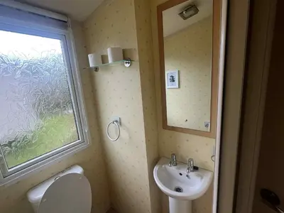 a bathroom with a sink and a toilet and a mirror at Pet Friendly Static in Carnbrea Station