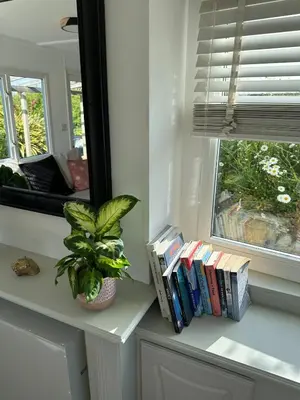 a shelf with books and a plant next to a window at Static Caravan Near Perranporth in Perranporth