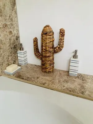 a sculpture of a cactus sitting on a shelf at Lovely two bed flat with a sea view next to beach in Porthtowan