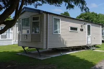 a tiny house on a stand under a tree at Trevarth Holiday Park in Chacewater