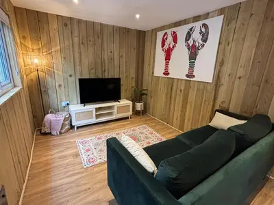 a living room with a couch and a television at Cornish wooden cabin & wood fired hot tub in Gwennap