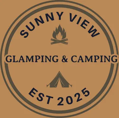 a label for a camping and campsite with a tent and fire at Bell Tent 1 in St Austell
