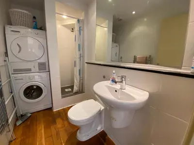 a bathroom with a toilet sink and a washing machine at Glendorgal Sands - The best sea views in Cornwall in Saint Columb Minor