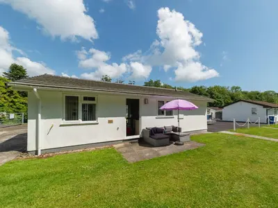 a house with a pink umbrella in a yard at Chalet The Birches by Interhome in Liskeard