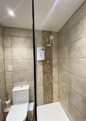 a bathroom with a shower and a white toilet at Lovely 1 bedroom flat in the heart of Newquay in Newquay