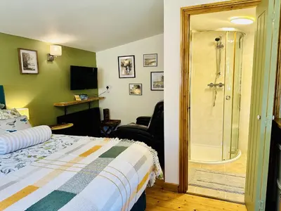 a hotel room with a bed and a shower at Harvey's Lodge in Helston