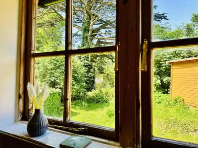 a vase of flowers sitting on a window sill at Harvey's Lodge in Helston