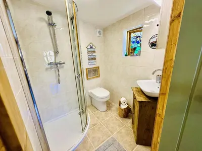 a bathroom with a shower and a toilet and a sink at Harvey's Lodge in Helston