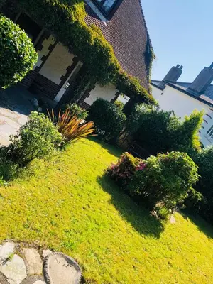 a house with a green yard with bushes and flowers at The Studio in St Austell