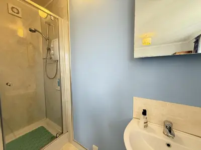 a bathroom with a shower and a toilet and a sink at 2 The Links in St Ives