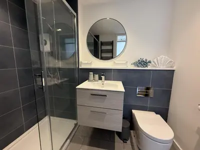 a bathroom with a toilet and a sink and a mirror at 5 Ayr Court in St Ives