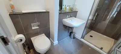 a bathroom with a toilet and a sink and a shower at 4 Fistral Beach Apartments, Newquay, TR7 1FR in Crantock