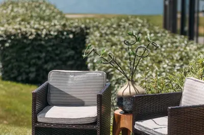 two wicker chairs and a vase with a plant at House 40 in Looe