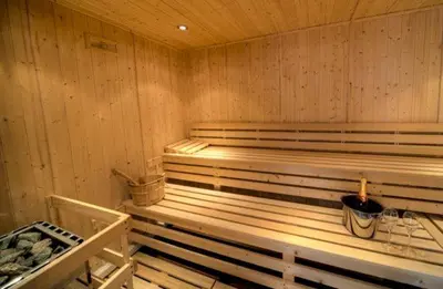 a sauna with wooden walls and benches in a room at House 41 in Looe