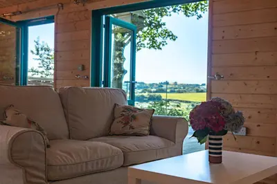 a living room with a couch and a table with a vase of flowers at Owl Lodge in Liskeard