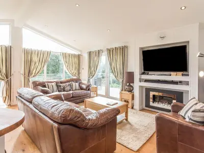 a living room with two leather couches and a television at 2 Tree Tops in Looe