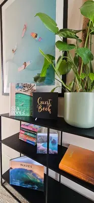 a book shelf with books and a plant on it at Shorebreak Apartment 2 in Newquay