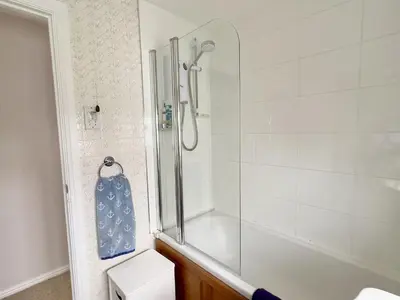 a bathroom with a shower and a toilet at Choughs in Saint Minver