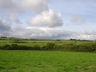 a field of green grass with a cloudy sky at Apple Tree Shepherd's Huts - Blackberry Hut in Saint Endellion