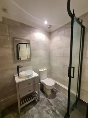a bathroom with a toilet and a sink and a mirror at La Mouette in Mevagissey