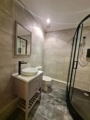a bathroom with a toilet and a sink and a shower at La Mouette in Mevagissey