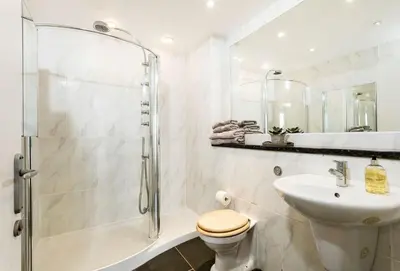 a bathroom with a shower and a toilet and a sink at Surfside in Newquay