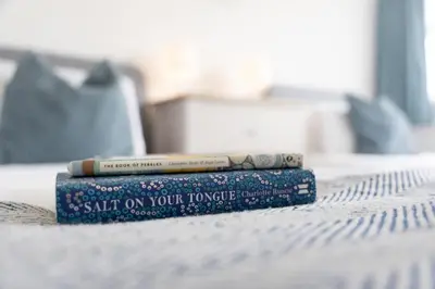 two books sitting on top of a bed at 17 Barnaloft in St Ives