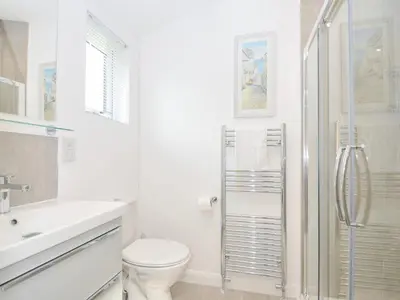 a white bathroom with a toilet and a shower at 3 Meadow Retreat in Liskeard