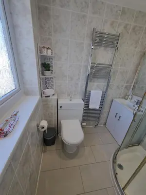 a bathroom with a toilet and a sink and a shower at Sandy Paws in Portreath