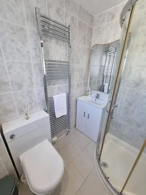 a bathroom with a toilet and a shower and a sink at Sandy Paws in Portreath