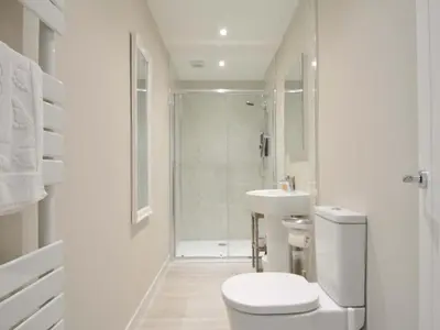 a white bathroom with a toilet and a sink at Evelyn in Looe
