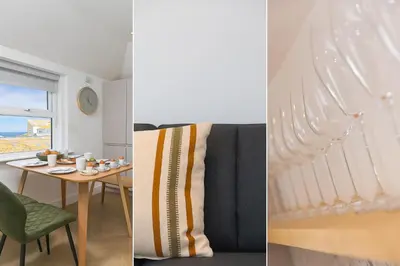 two images of a living room with a table and a window at White Mist Cottage in St Ives