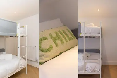 two pictures of a bedroom with a bunk bed at White Mist Cottage in St Ives
