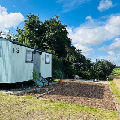 a green trailer parked in a yard next to trees at Harpers Huts in Lanivet