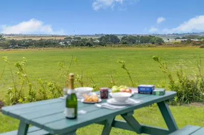 a picnic table with food and a bottle of wine at 1 Bed in Four Lanes oc-s32768 in Carnbrea