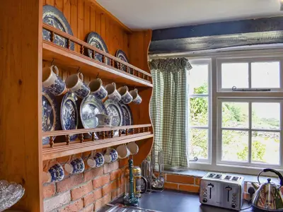 a kitchen with plates and cups on the wall at Stables - Uk50372 in Camelford