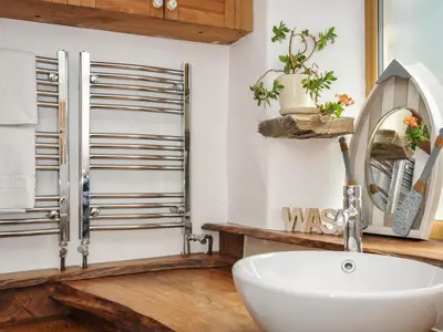 a bathroom with a white sink and a mirror at Little Coombe in Liskeard